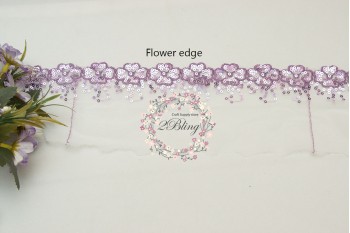 Sequin Lace, LAVENDER, Flower Edge Trim, white mesh - 1m length